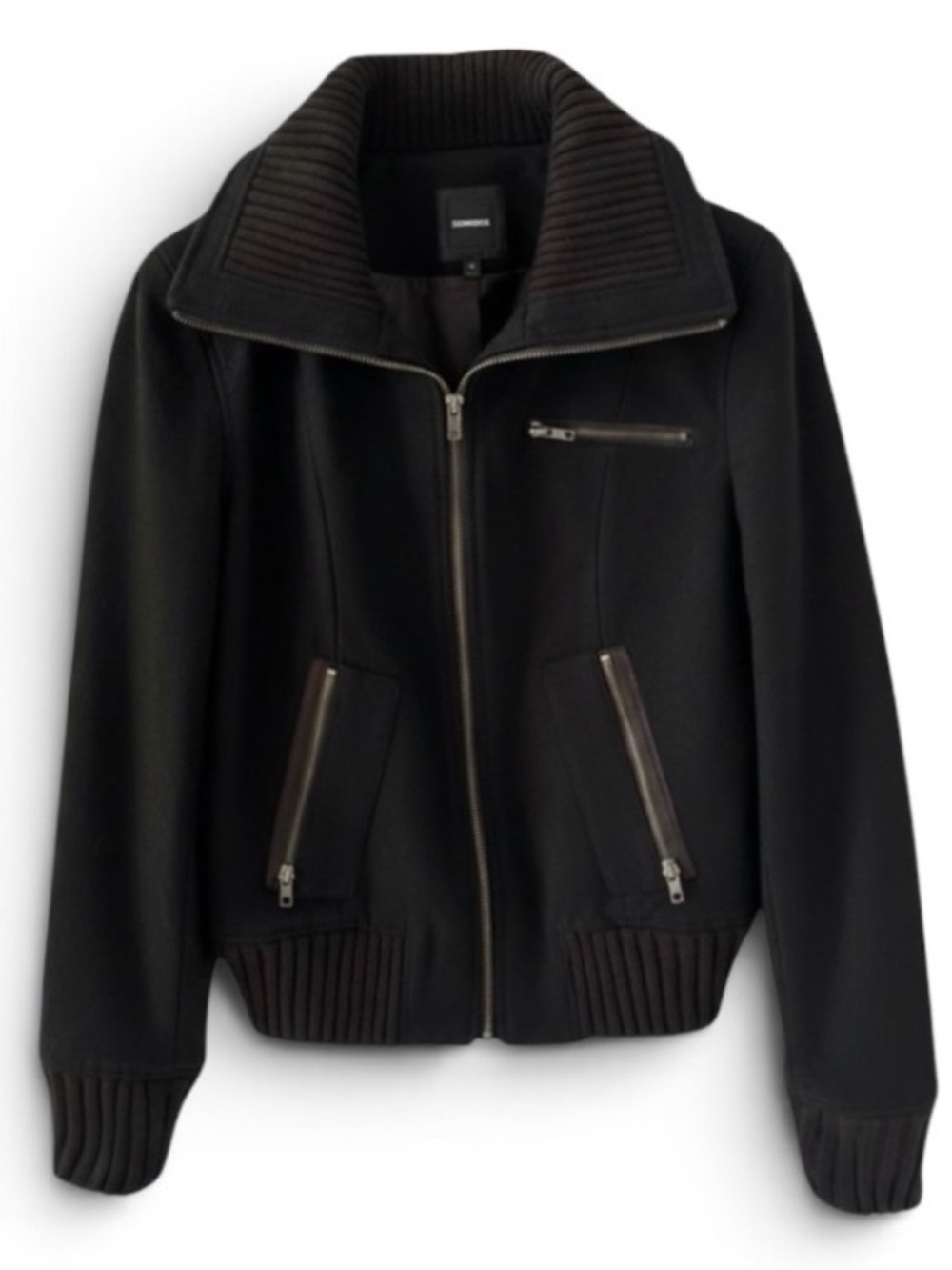 NEW Express Black Wide Ribbed Collar Wool Blend Bomber Jacket Size Medium